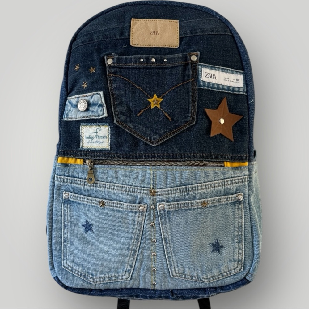 Handmade Denim Patchwork Backpack – One of a Kind - Size: 17” H × 12” W × 5” D